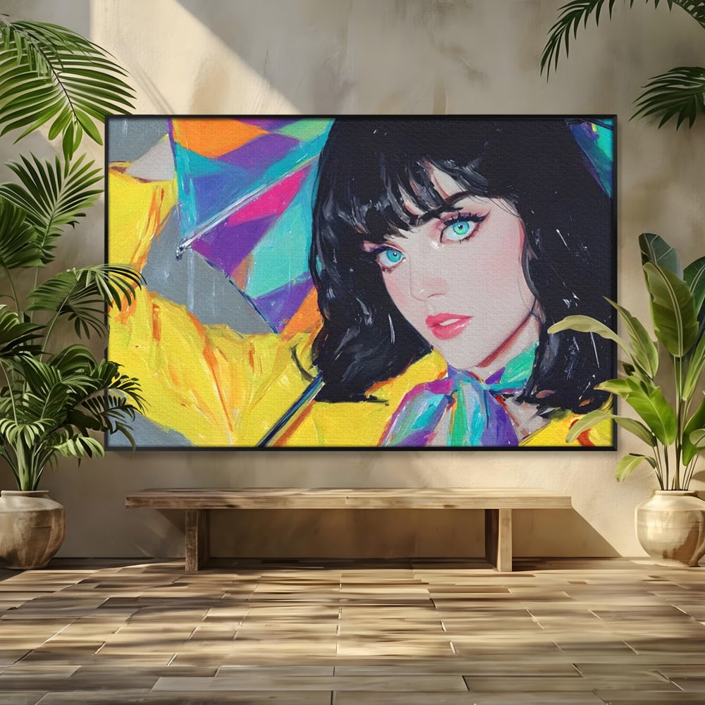 Tablou canvas cu pictura cu femeie bruneta si umbrela colorata, in rama de aluminiu negru